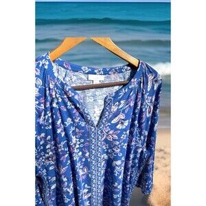 J Jill Border Print Popover Top Split Neck 3/4 Sleeve Blue Floral Ladies Large